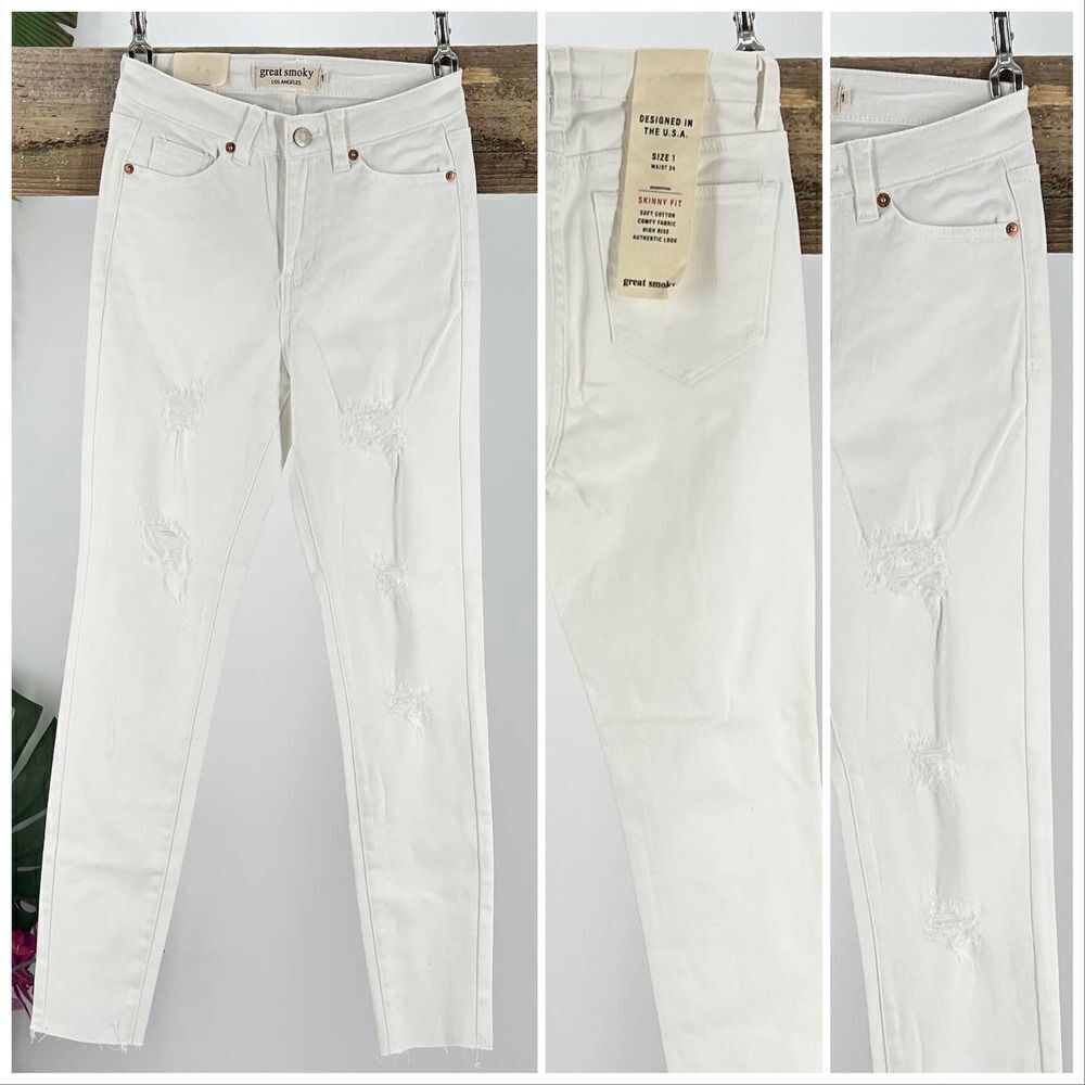 Great Smoky White Denim Junior Size 1 Skinny Distressed High Waist